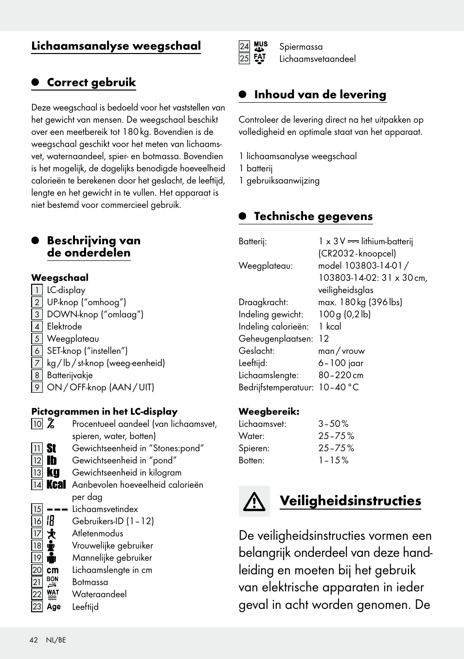 Lichaamsanalyse weegschaal correct gebruik, Beschrijving van de onderdelen, Inhoud van de levering | Technische gegevens | Silvercrest 103803-14-01/103803-14-02 User Manual | Page 42 / 57