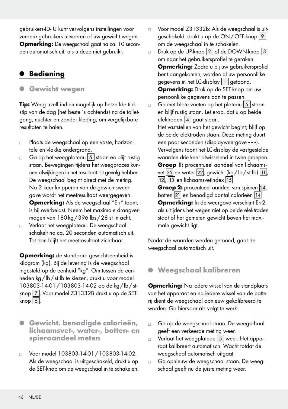 Bediening gewicht wegen, Weegschaal kalibreren | Silvercrest 103803-14-01/103803-14-02 User Manual | Page 46 / 57