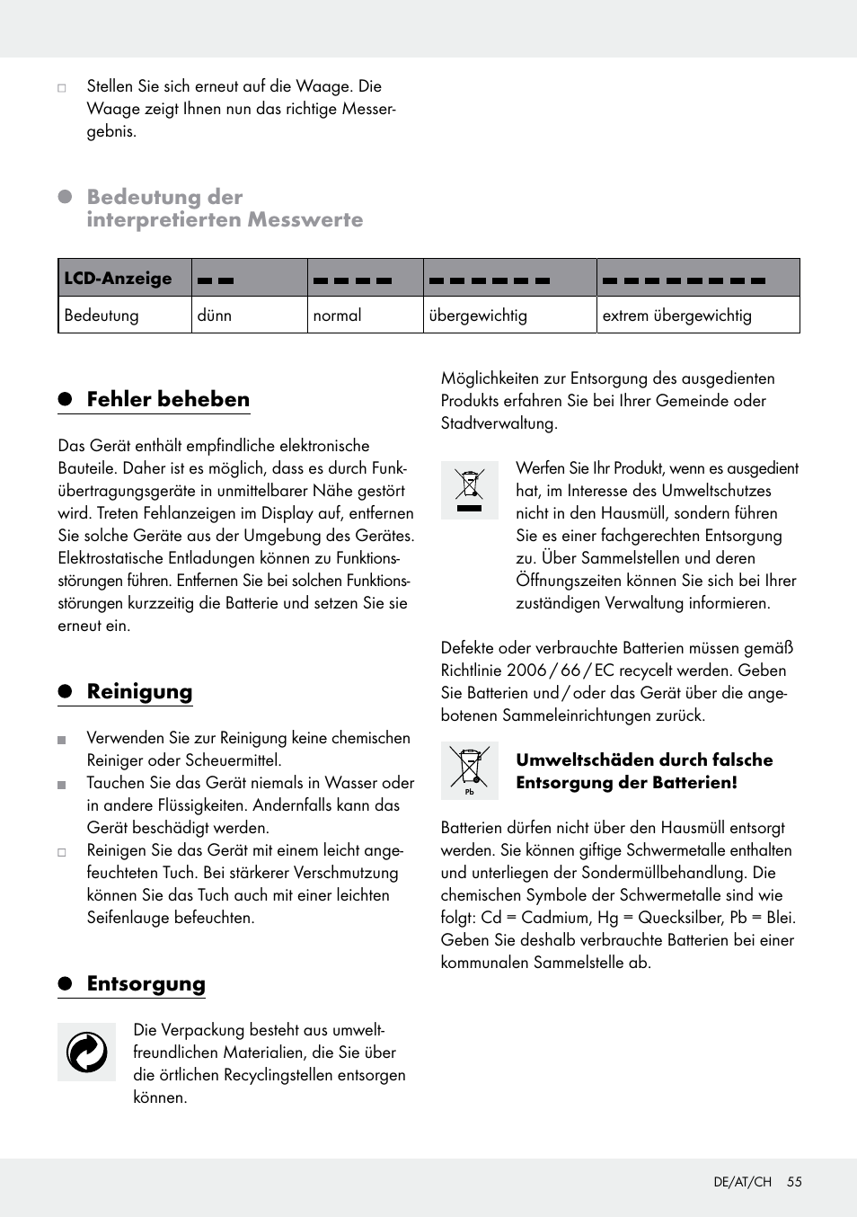 Bedeutung der interpretierten messwerte, Fehler beheben, Reinigung | Entsorgung | Silvercrest 103803-14-01/103803-14-02 User Manual | Page 55 / 57