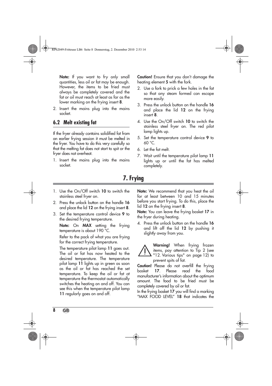 Frying, 2 melt existing fat | Silvercrest SEF 2100 A1 User Manual | Page 10 / 18