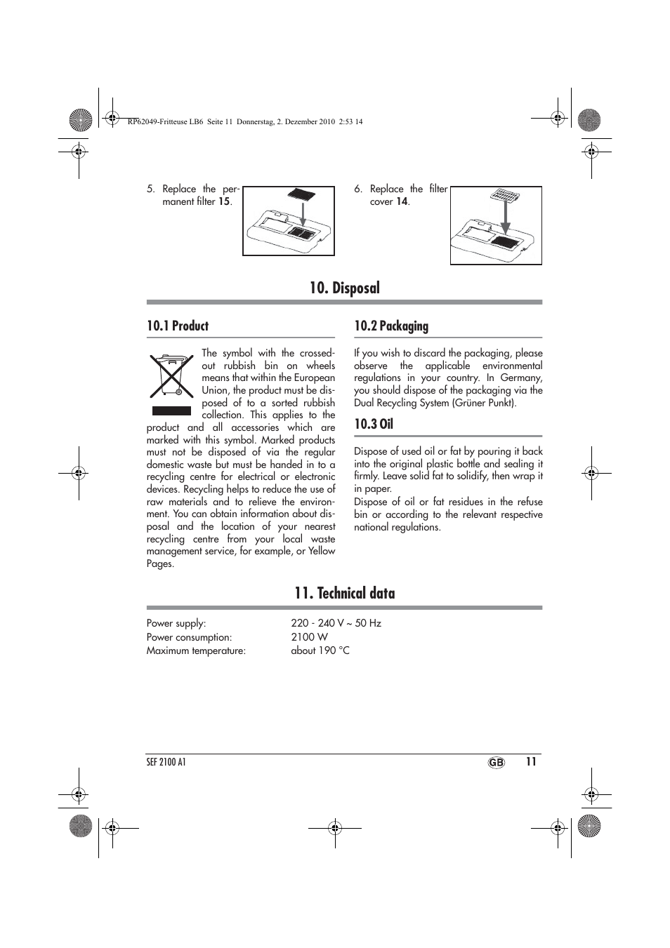 Disposal, Technical data, 1 product | 2 packaging, 3 oil | Silvercrest SEF 2100 A1 User Manual | Page 13 / 18