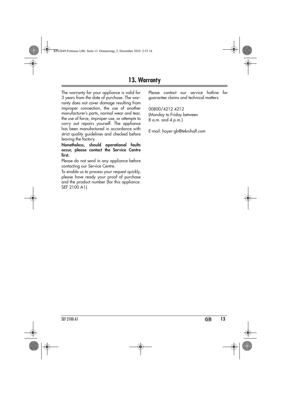Warranty | Silvercrest SEF 2100 A1 User Manual | Page 15 / 18
