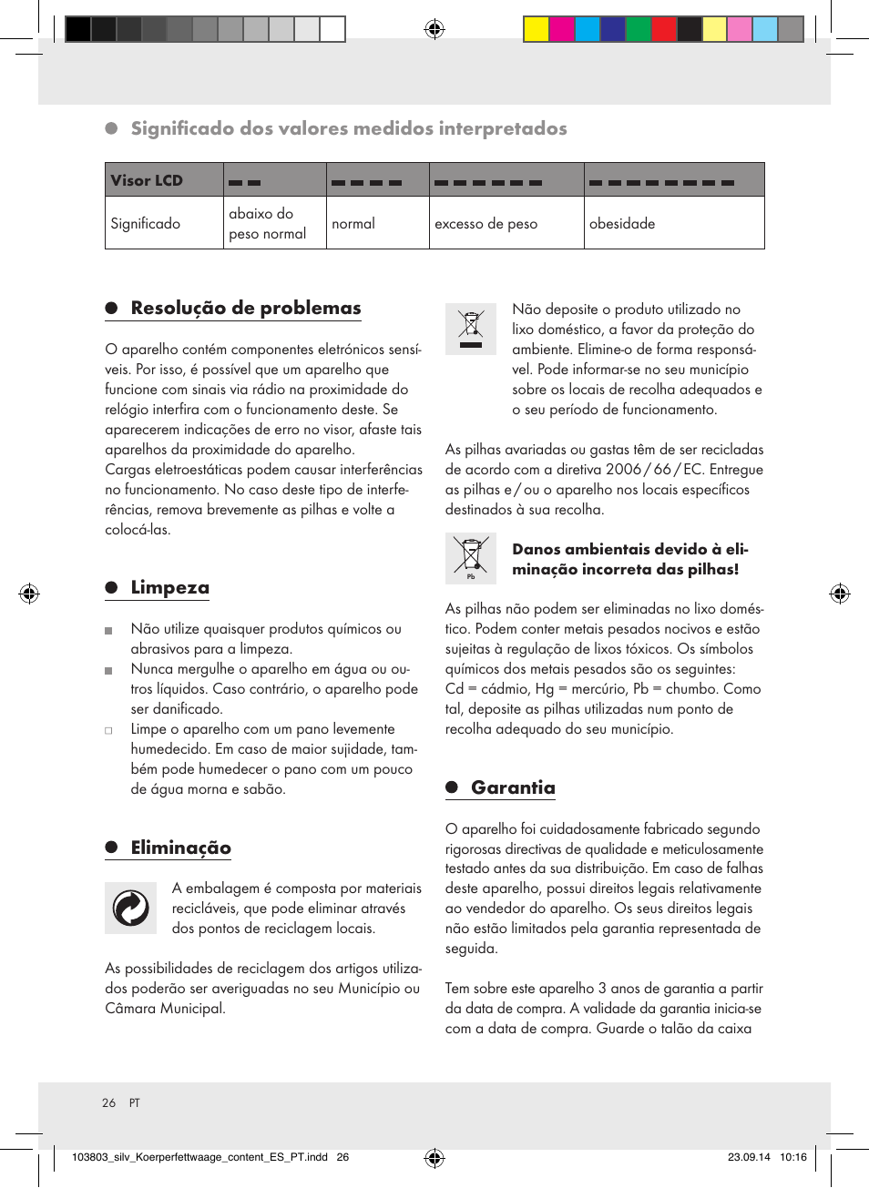 Significado dos valores medidos interpretados, Resolução de problemas, Limpeza | Eliminação, Garantia | Silvercrest 103803-14-01/103803-14-02 User Manual | Page 26 / 43