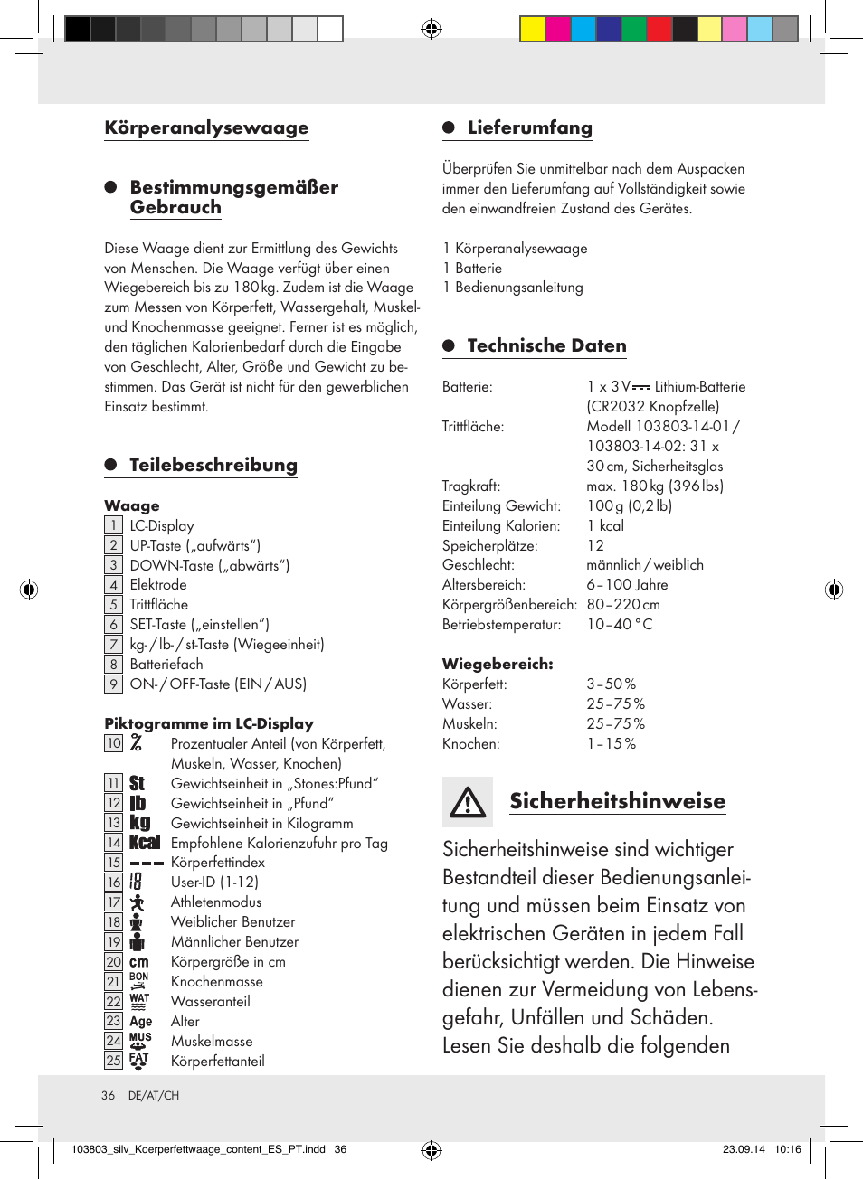 Körperanalysewaage, Bestimmungsgemäßer gebrauch, Teilebeschreibung | Lieferumfang, Technische daten | Silvercrest 103803-14-01/103803-14-02 User Manual | Page 36 / 43