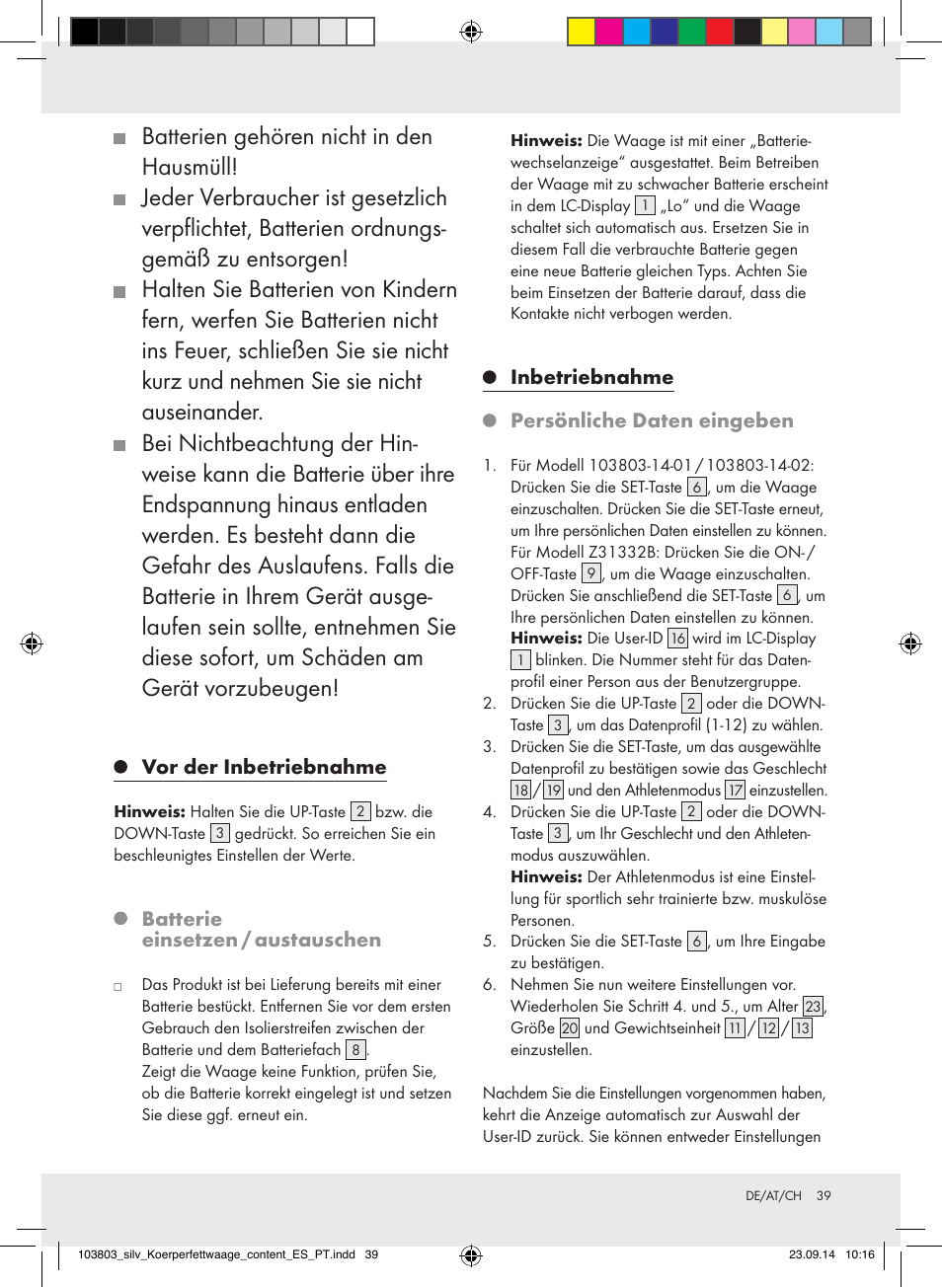 Vor der inbetriebnahme, Batterie einsetzen / austauschen, Inbetriebnahme persönliche daten eingeben | Silvercrest 103803-14-01/103803-14-02 User Manual | Page 39 / 43