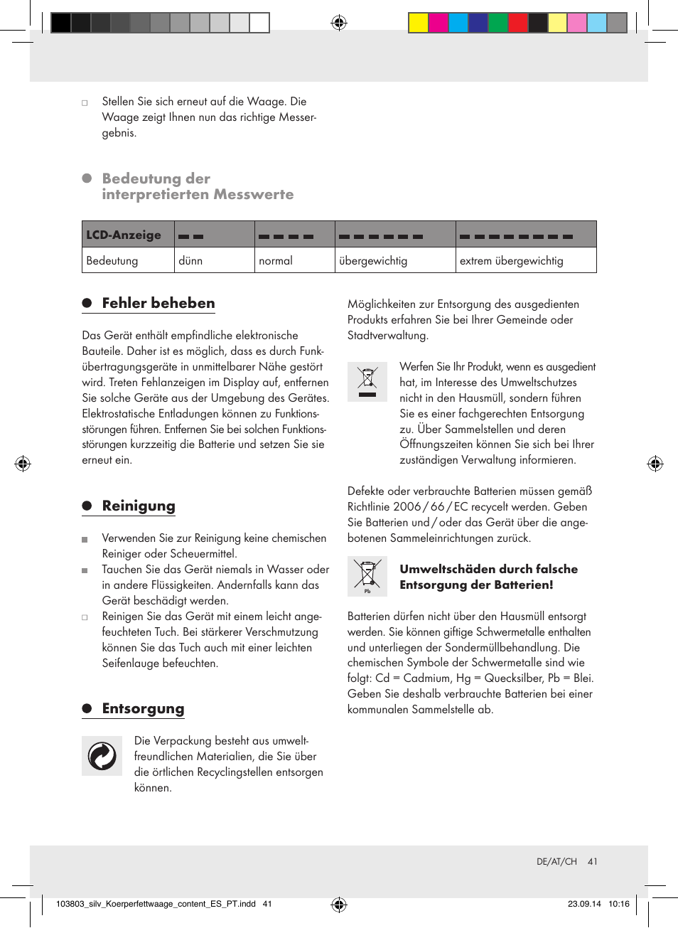 Bedeutung der interpretierten messwerte, Fehler beheben, Reinigung | Entsorgung | Silvercrest 103803-14-01/103803-14-02 User Manual | Page 41 / 43