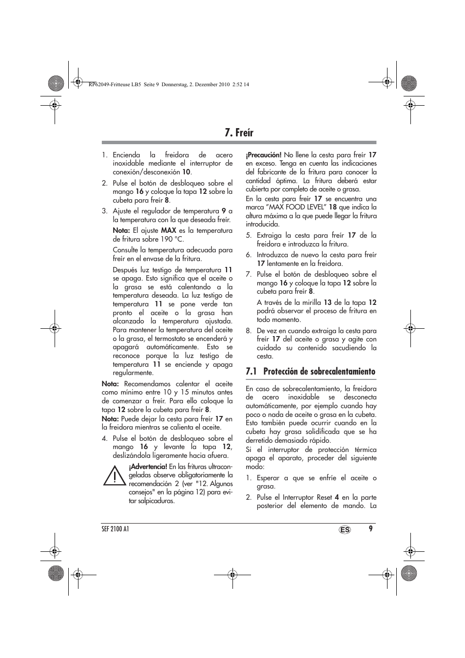 Freír, 1 protección de sobrecalentamiento | Silvercrest SEF 2100 A1 User Manual | Page 11 / 62