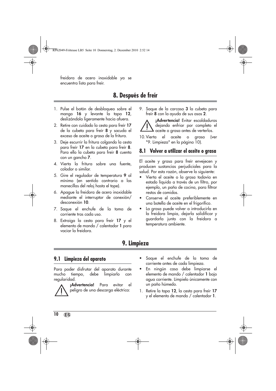 Después de freír, Limpieza, 1 volver a utilizar el aceite o grasa | 1 limpieza del aparato | Silvercrest SEF 2100 A1 User Manual | Page 12 / 62