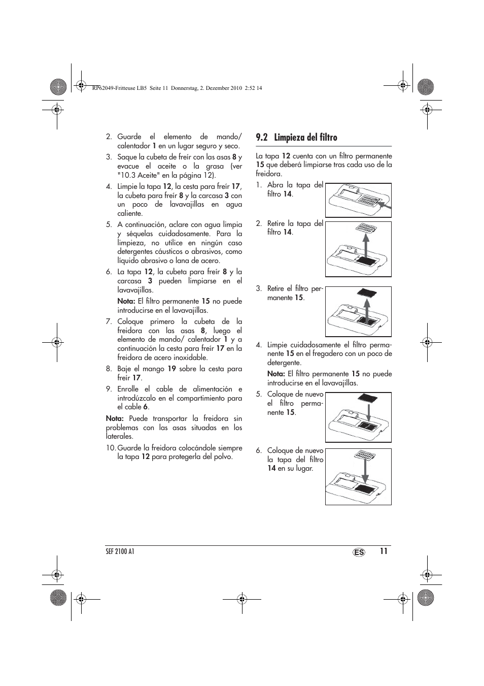 2 limpieza del ﬁltro | Silvercrest SEF 2100 A1 User Manual | Page 13 / 62