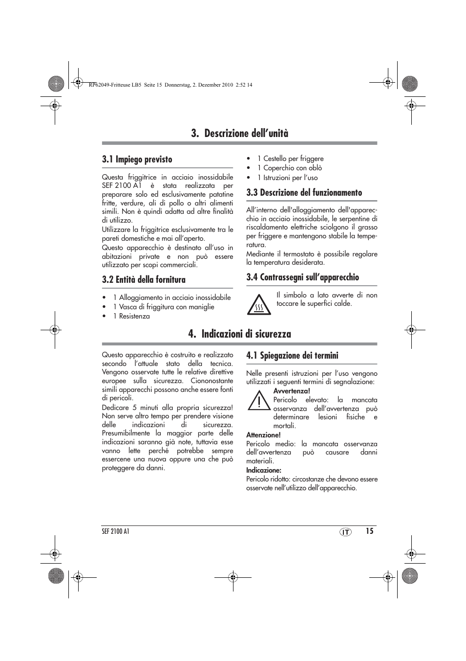 Descrizione dell’unità, Indicazioni di sicurezza | Silvercrest SEF 2100 A1 User Manual | Page 17 / 62