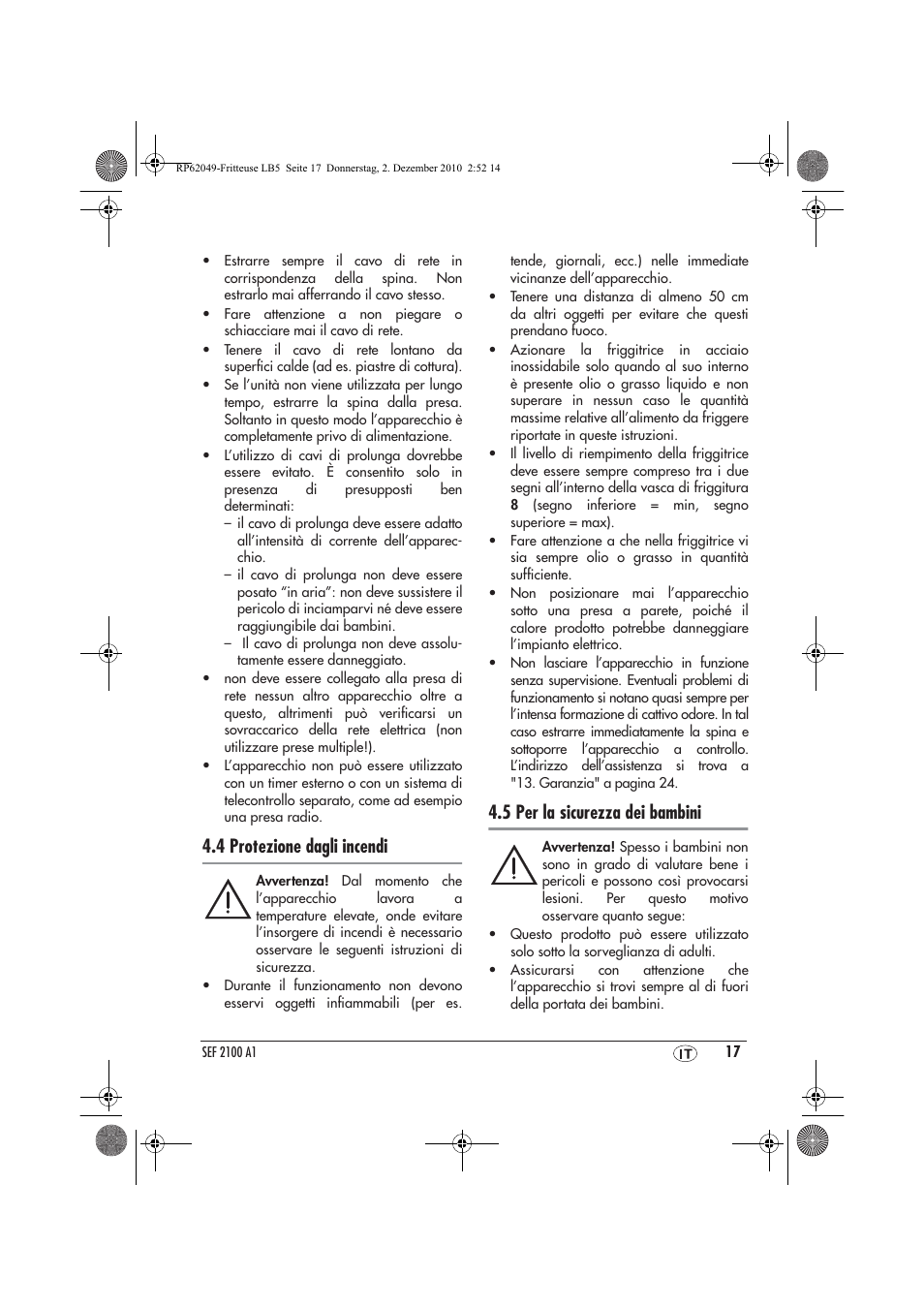 4 protezione dagli incendi, 5 per la sicurezza dei bambini | Silvercrest SEF 2100 A1 User Manual | Page 19 / 62