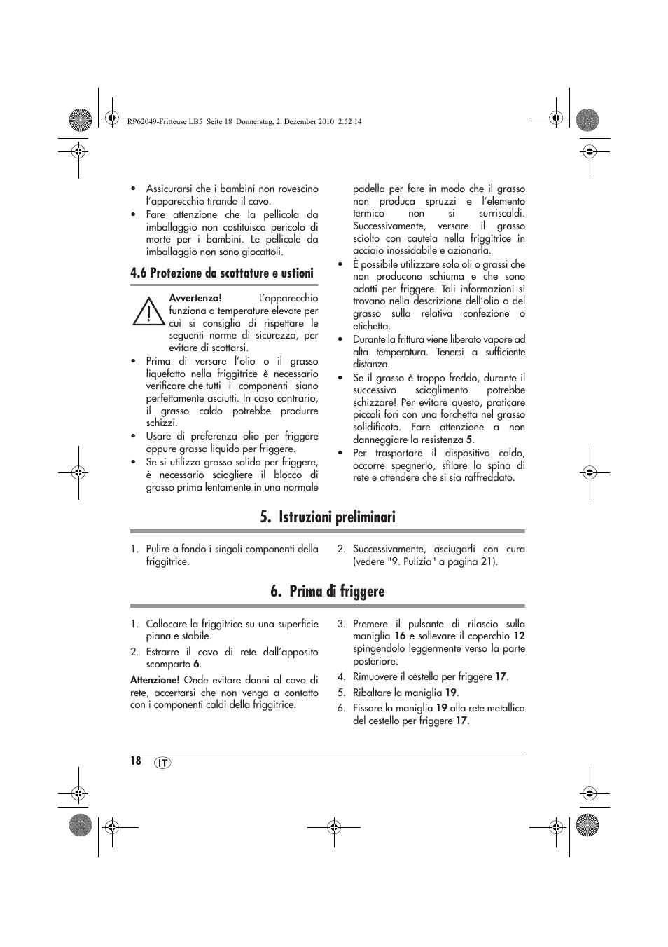 Istruzioni preliminari, Prima di friggere, 6 protezione da scottature e ustioni | Silvercrest SEF 2100 A1 User Manual | Page 20 / 62