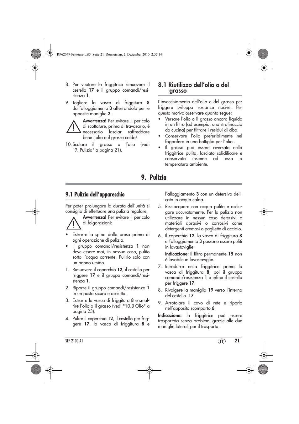 Pulizia, 1 riutilizzo dell’olio o del grasso, 1 pulizia dell’apparecchio | Silvercrest SEF 2100 A1 User Manual | Page 23 / 62