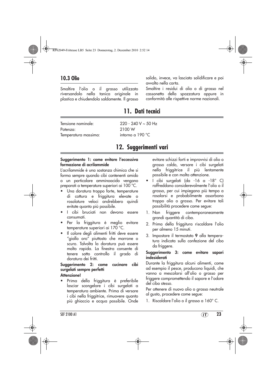Dati tecnici, Suggerimenti vari, 3 olio | Silvercrest SEF 2100 A1 User Manual | Page 25 / 62