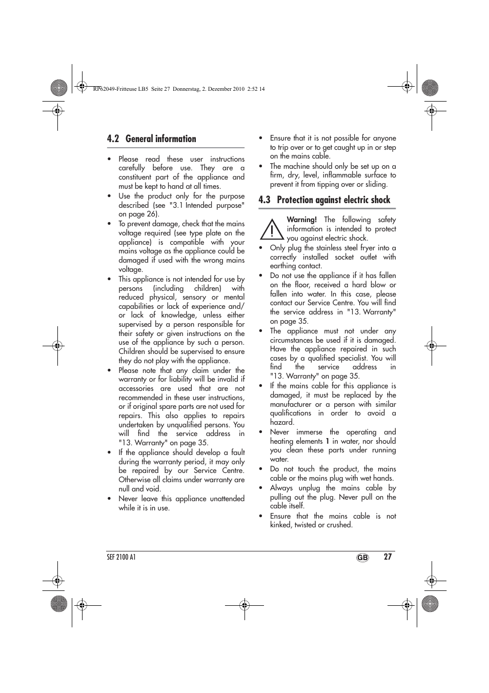 2 general information, 3 protection against electric shock | Silvercrest SEF 2100 A1 User Manual | Page 29 / 62