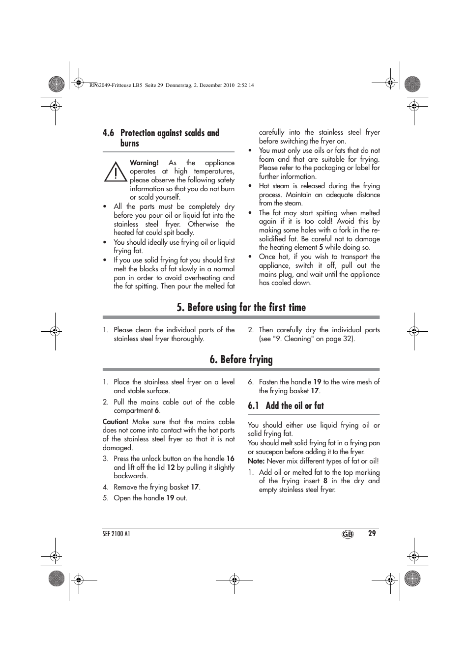 Before using for the ﬁrst time, Before frying, 6 protection against scalds and burns | 1 add the oil or fat | Silvercrest SEF 2100 A1 User Manual | Page 31 / 62