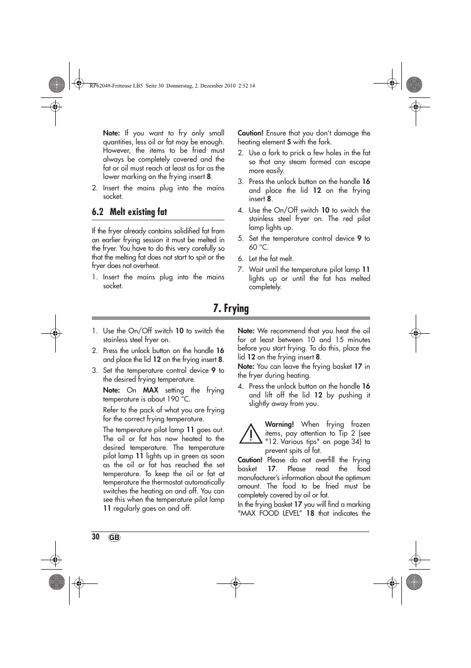 Frying, 2 melt existing fat | Silvercrest SEF 2100 A1 User Manual | Page 32 / 62
