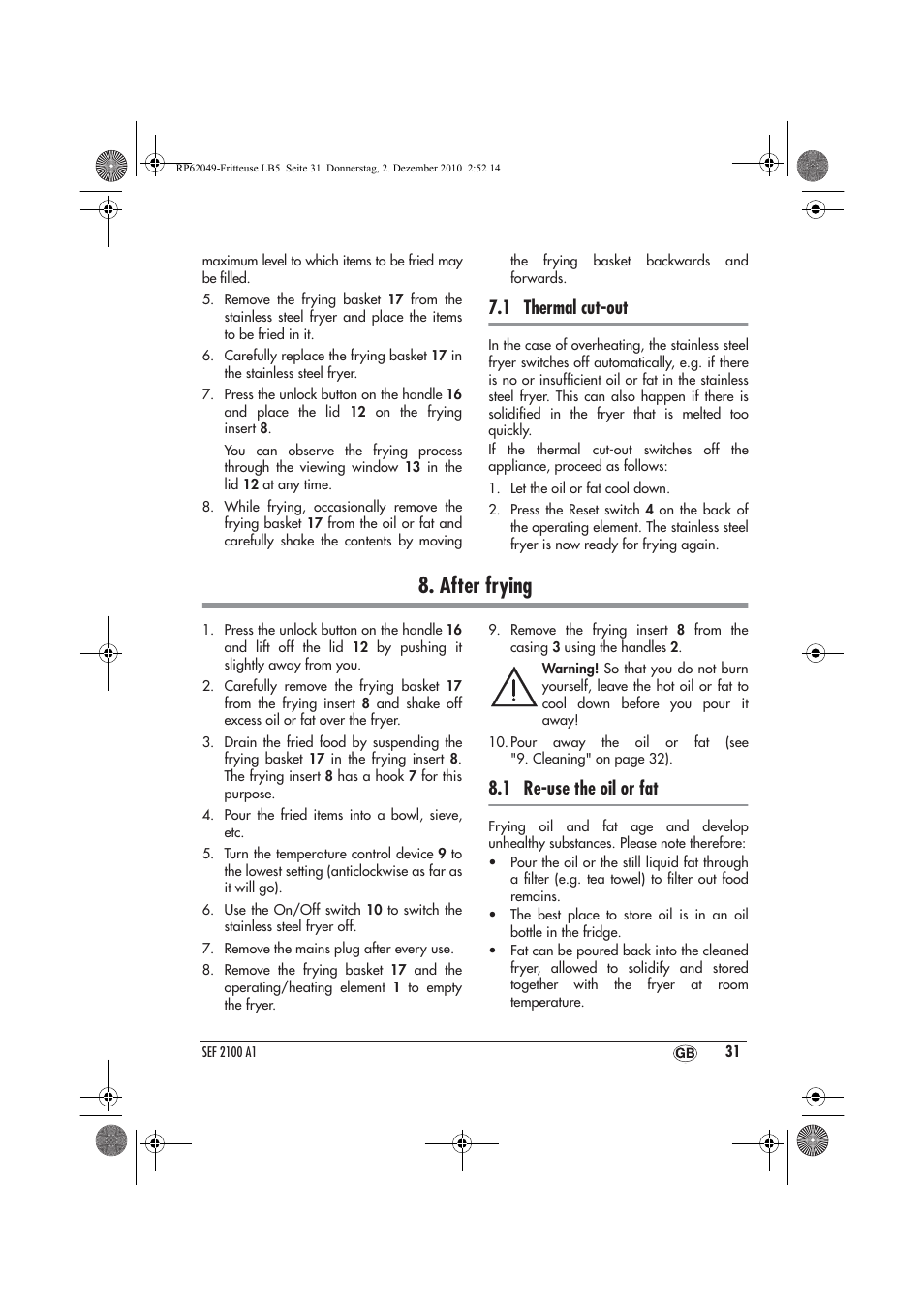 After frying, 1 thermal cut-out, 1 re-use the oil or fat | Silvercrest SEF 2100 A1 User Manual | Page 33 / 62