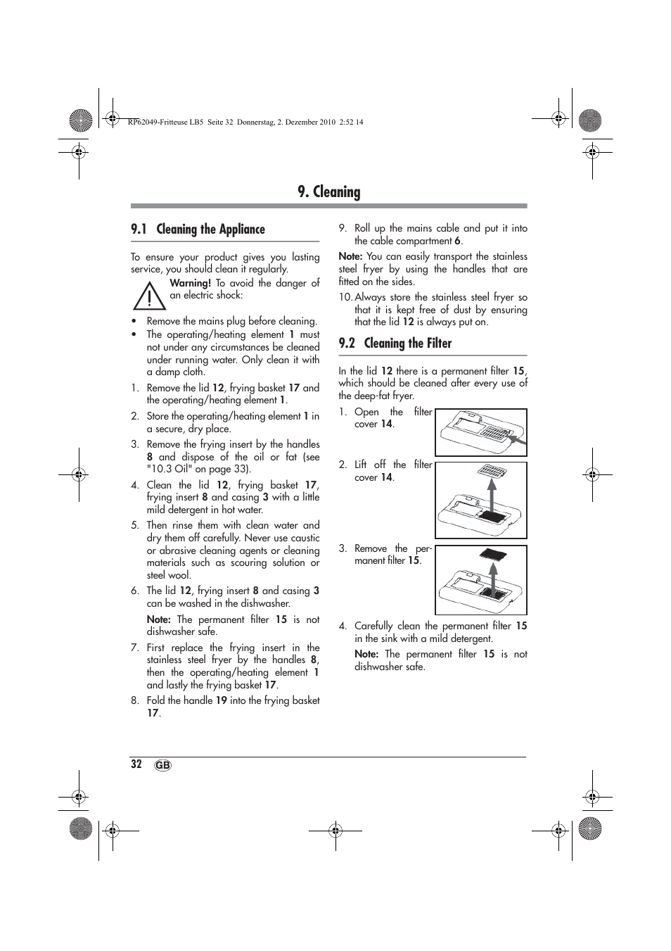 Cleaning, 1 cleaning the appliance, 2 cleaning the filter | Silvercrest SEF 2100 A1 User Manual | Page 34 / 62