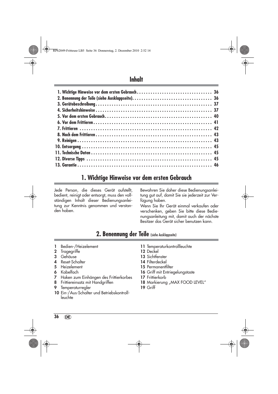 Inhalt, Wichtige hinweise vor dem ersten gebrauch, Benennung der teile | Silvercrest SEF 2100 A1 User Manual | Page 38 / 62
