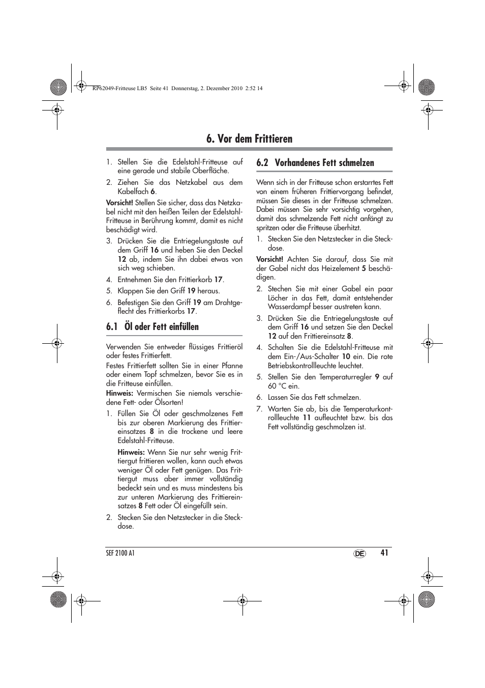 Vor dem frittieren, 1 öl oder fett einfüllen, 2 vorhandenes fett schmelzen | Silvercrest SEF 2100 A1 User Manual | Page 43 / 62