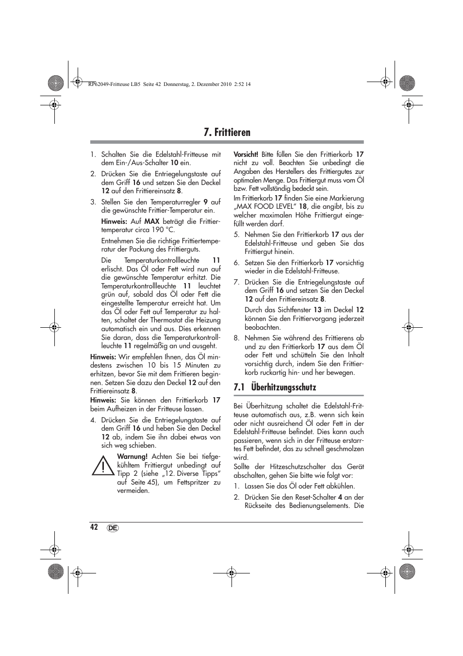 Frittieren, 1 überhitzungsschutz | Silvercrest SEF 2100 A1 User Manual | Page 44 / 62