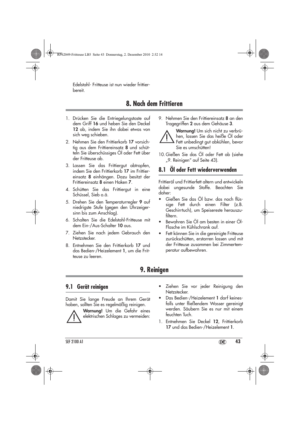 Nach dem frittieren, Reinigen, 1 öl oder fett wiederverwenden | 1 gerät reinigen | Silvercrest SEF 2100 A1 User Manual | Page 45 / 62