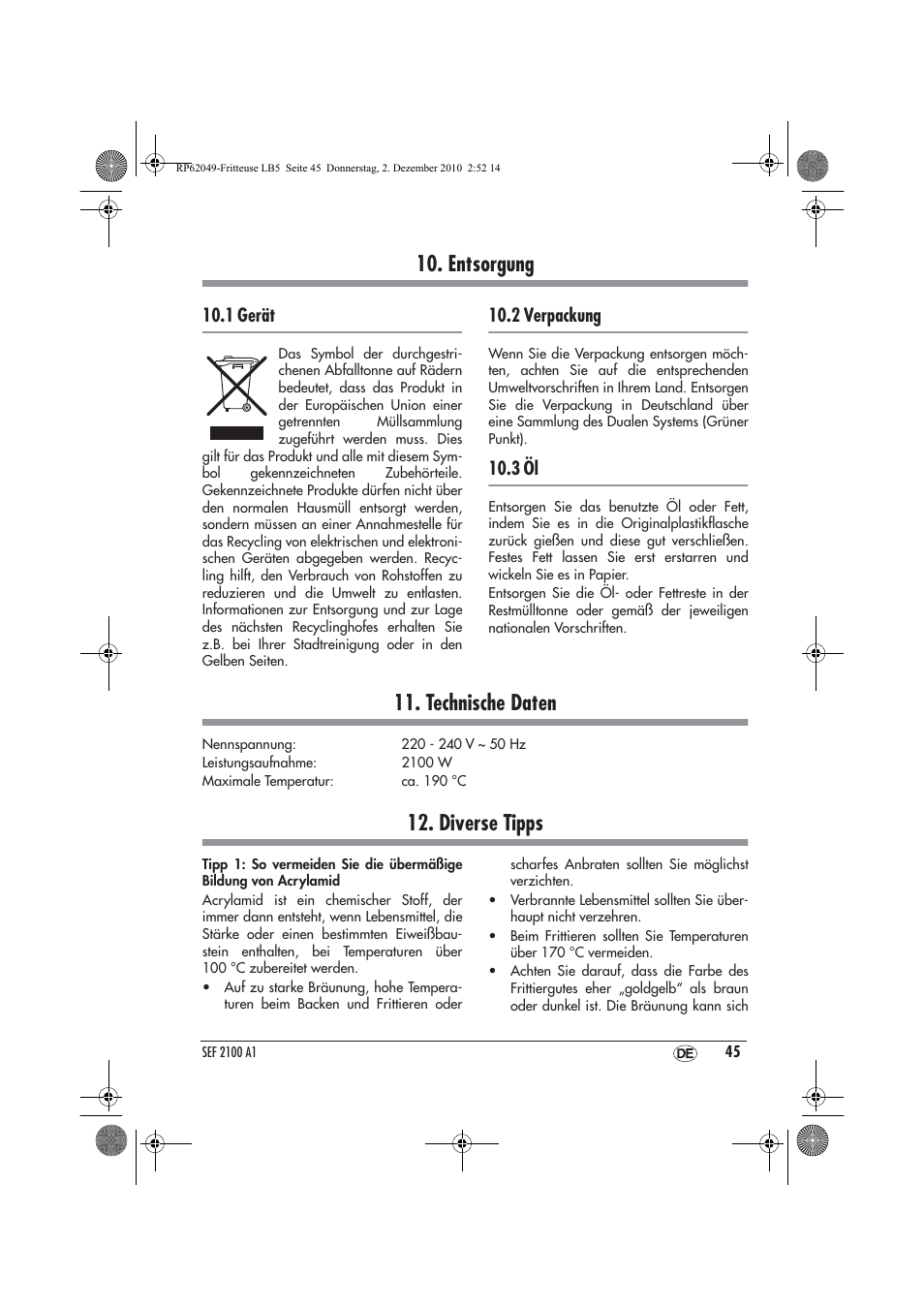 Entsorgung, Technische daten, Diverse tipps | 1 gerät, 2 verpackung, 3 öl | Silvercrest SEF 2100 A1 User Manual | Page 47 / 62