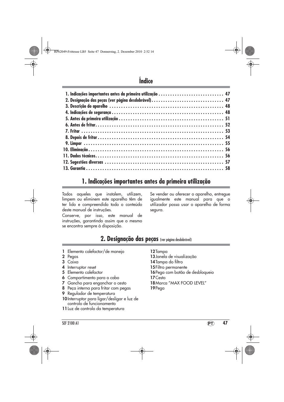 Índice, Designação das peças | Silvercrest SEF 2100 A1 User Manual | Page 49 / 62
