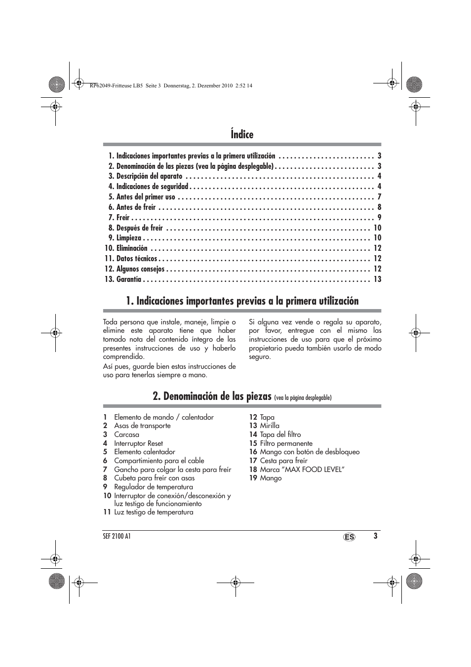 Índice, Denominación de las piezas | Silvercrest SEF 2100 A1 User Manual | Page 5 / 62