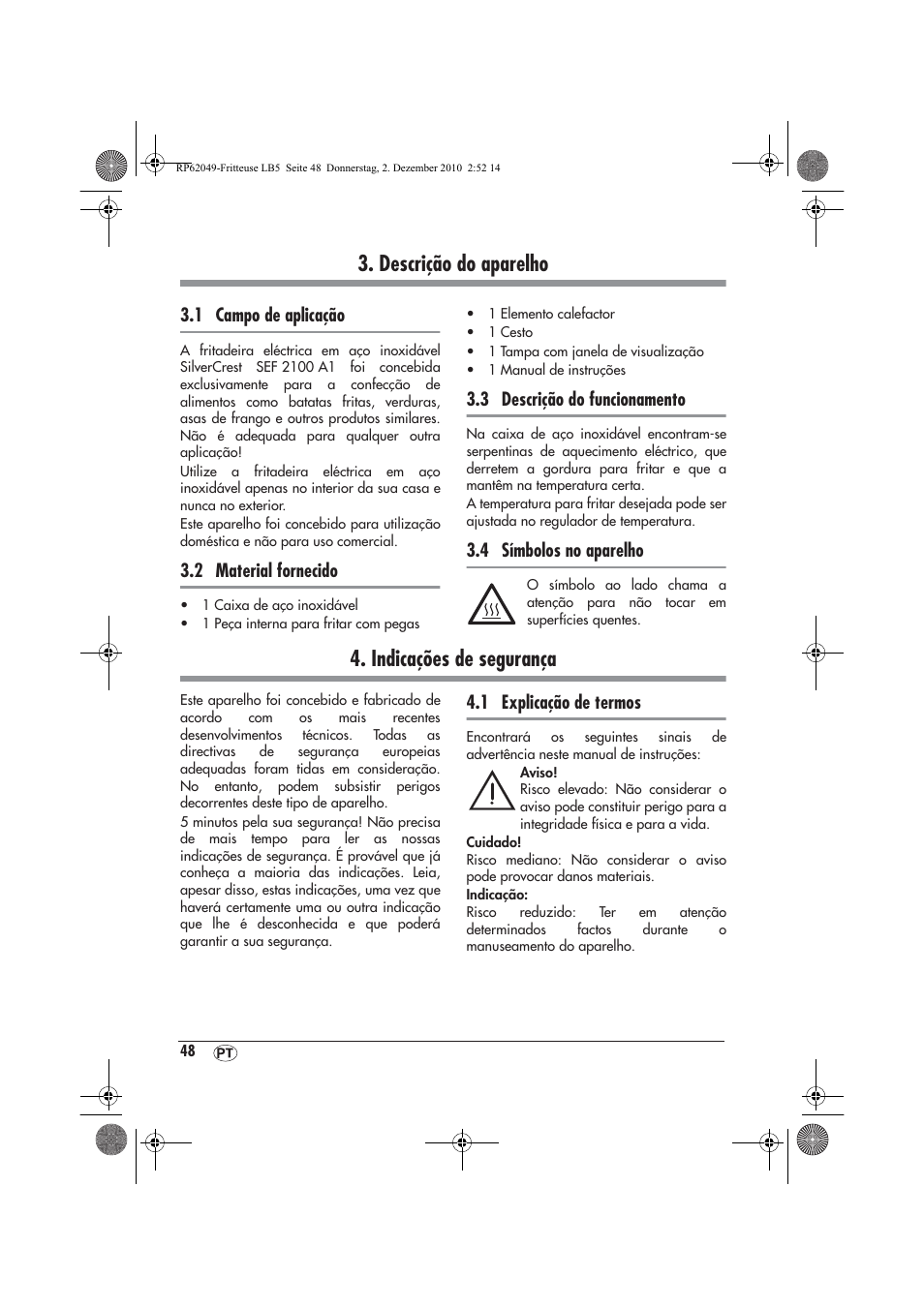 Descrição do aparelho, Indicações de segurança | Silvercrest SEF 2100 A1 User Manual | Page 50 / 62