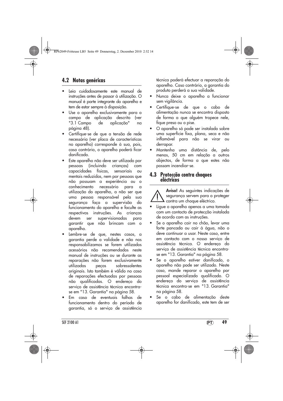 2 notas genéricas, 3 protecção contra choques eléctricos | Silvercrest SEF 2100 A1 User Manual | Page 51 / 62
