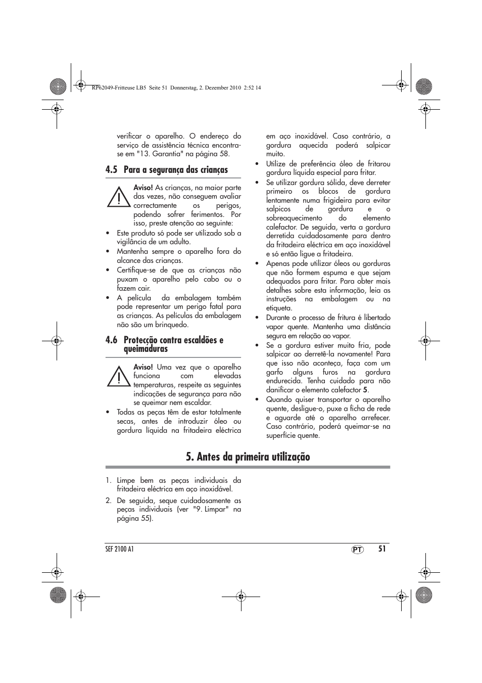 Antes da primeira utilização, 5 para a segurança das crianças, 6 protecção contra escaldões e queimaduras | Silvercrest SEF 2100 A1 User Manual | Page 53 / 62