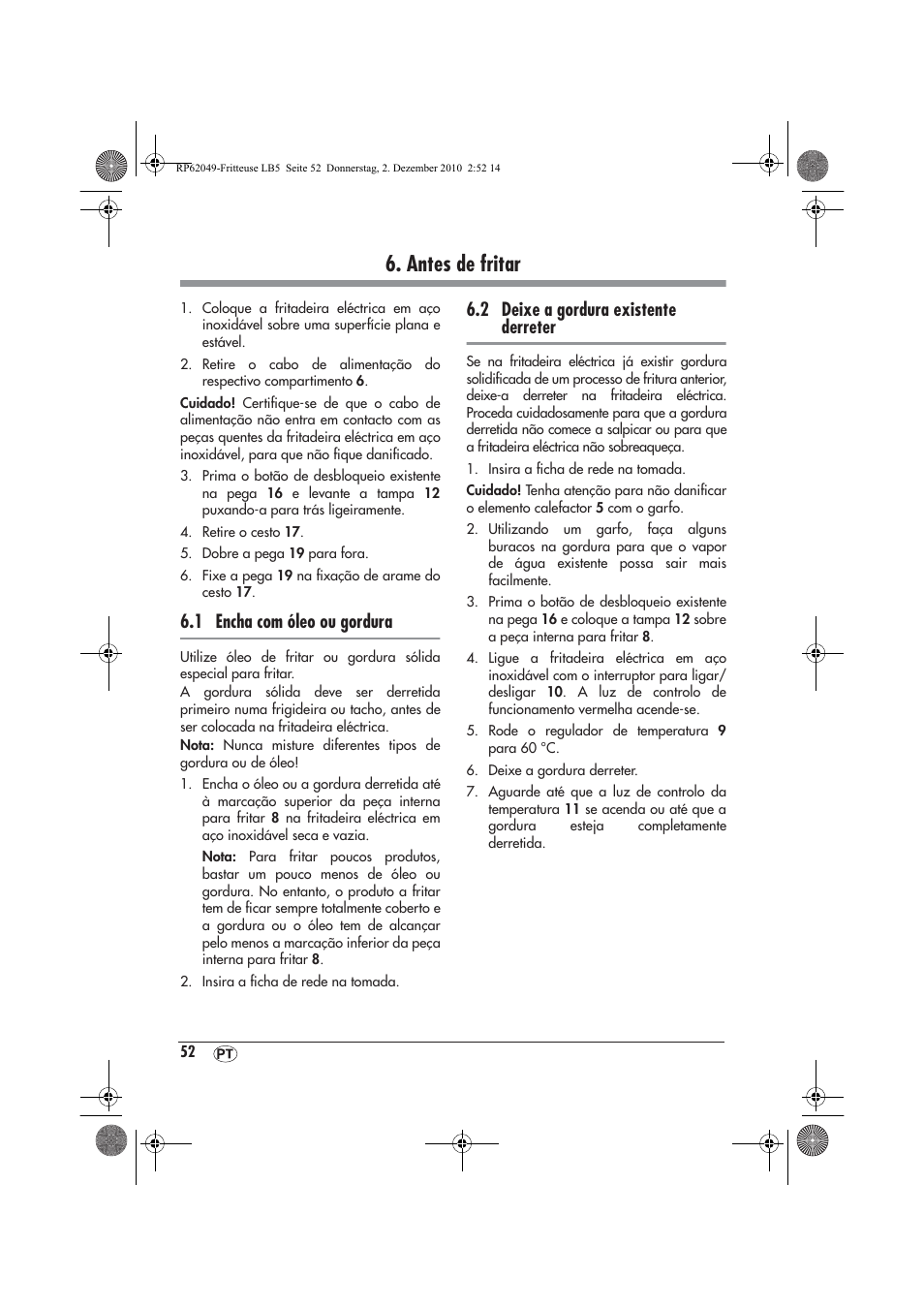 Antes de fritar, 1 encha com óleo ou gordura, 2 deixe a gordura existente derreter | Silvercrest SEF 2100 A1 User Manual | Page 54 / 62