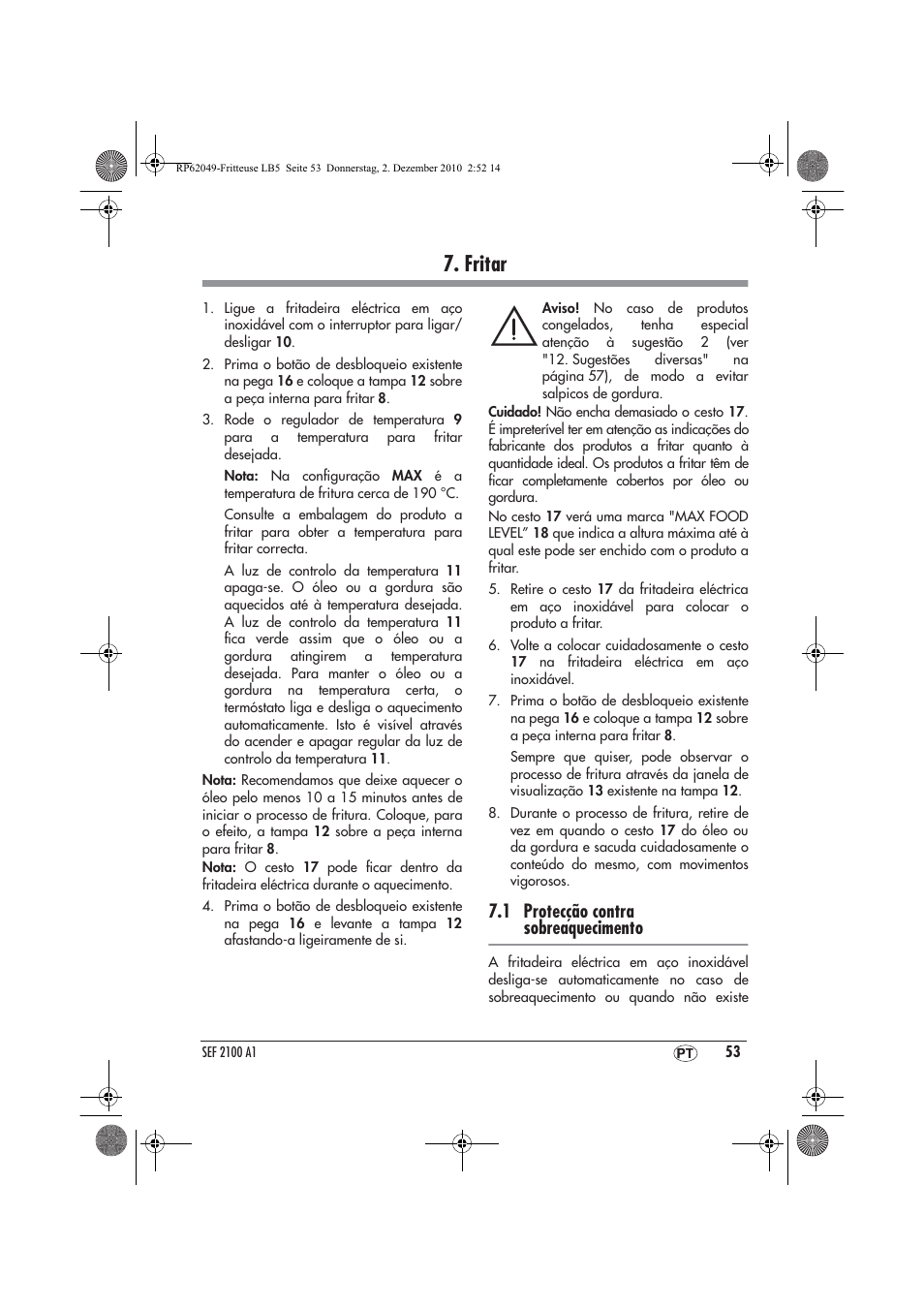 Fritar, 1 protecção contra sobreaquecimento | Silvercrest SEF 2100 A1 User Manual | Page 55 / 62