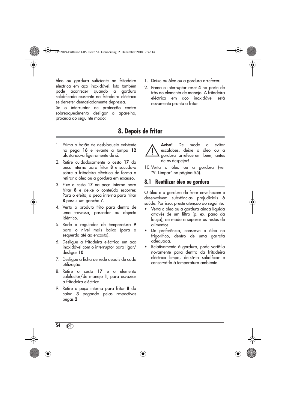 Depois de fritar, 1 reutilizar óleo ou gordura | Silvercrest SEF 2100 A1 User Manual | Page 56 / 62