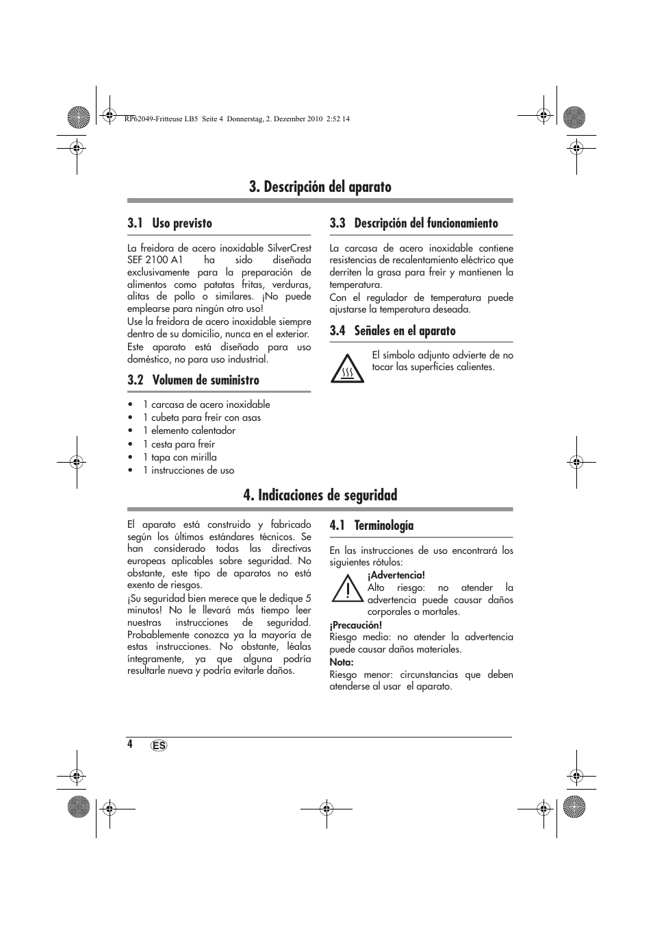 Descripción del aparato, Indicaciones de seguridad | Silvercrest SEF 2100 A1 User Manual | Page 6 / 62