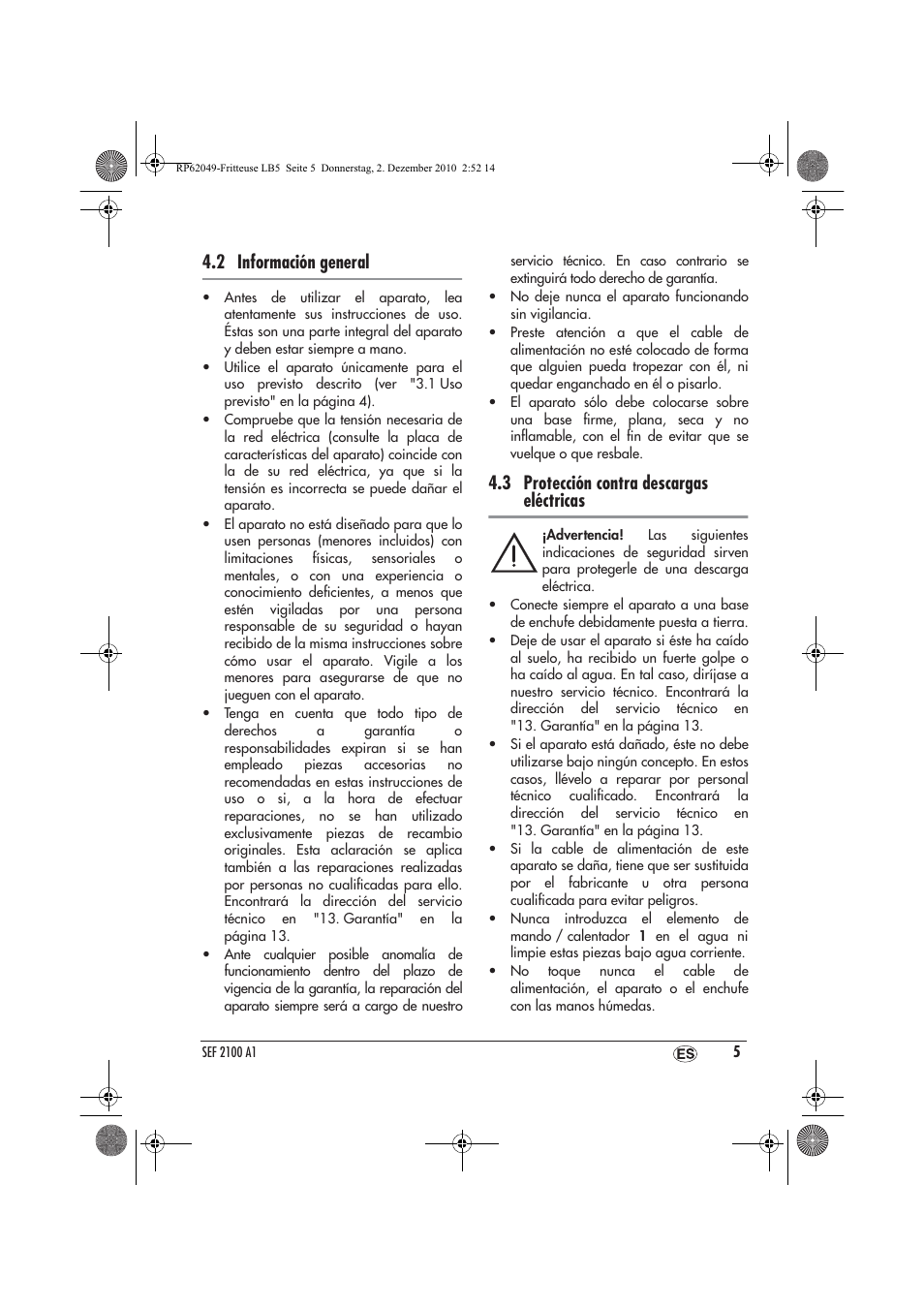 2 información general, 3 protección contra descargas eléctricas | Silvercrest SEF 2100 A1 User Manual | Page 7 / 62