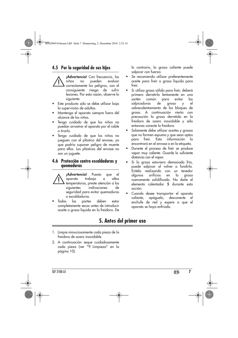 Antes del primer uso, 5 por la seguridad de sus hijos, 6 protección contra escaldaduras y quemaduras | Silvercrest SEF 2100 A1 User Manual | Page 9 / 62