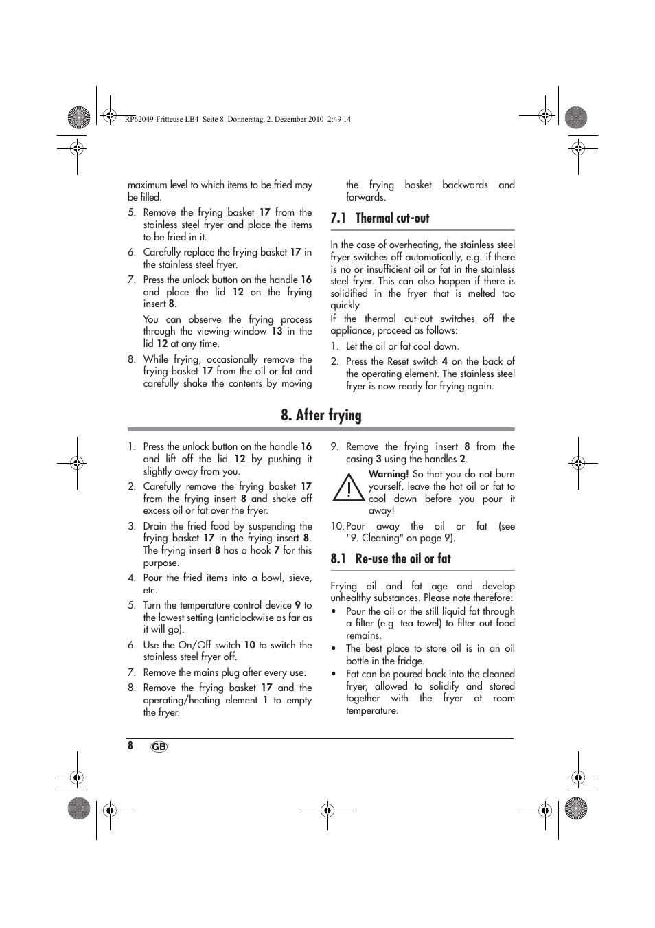 After frying, 1 thermal cut-out, 1 re-use the oil or fat | Silvercrest SEF 2100 A1 User Manual | Page 10 / 86