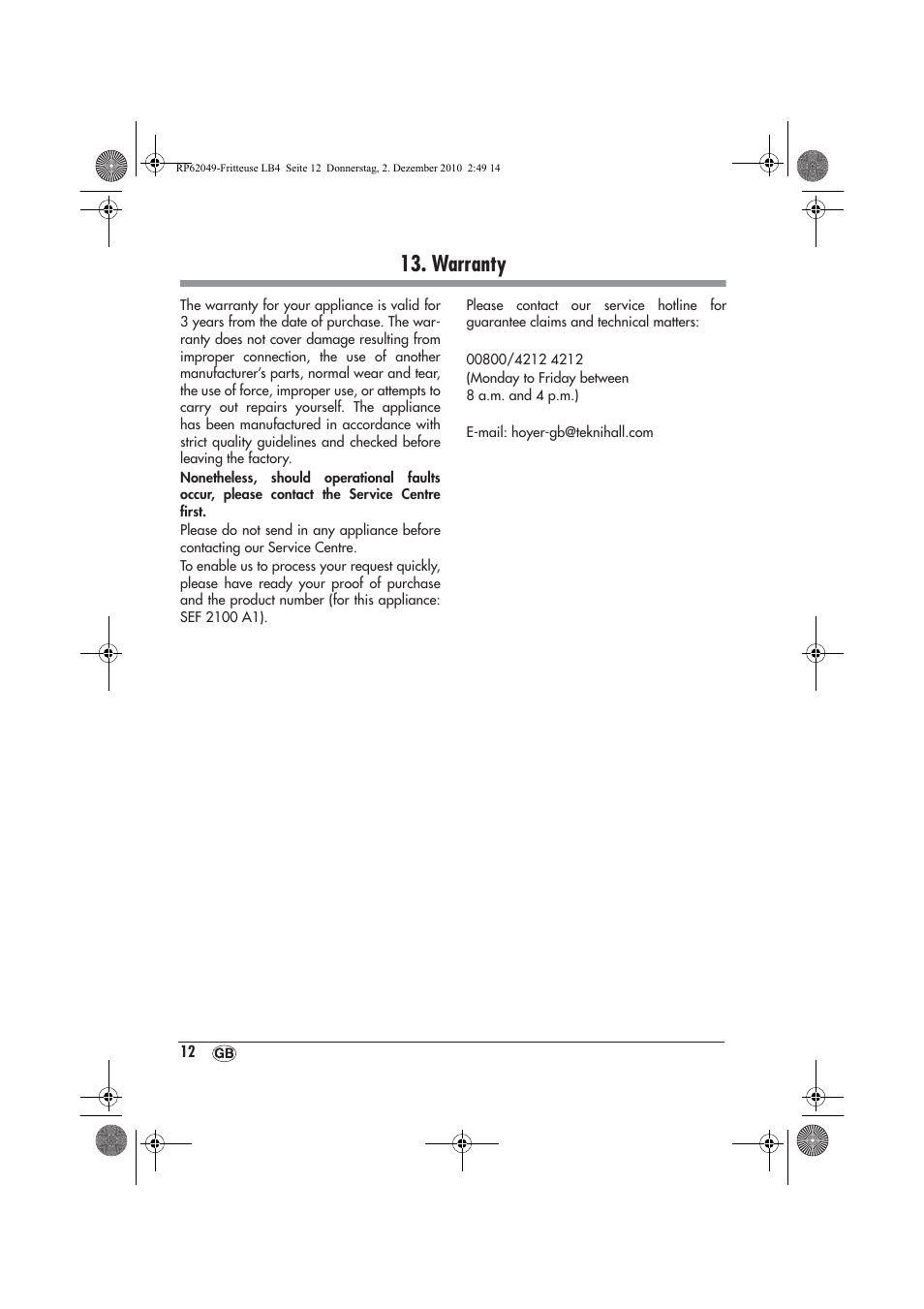 Warranty | Silvercrest SEF 2100 A1 User Manual | Page 14 / 86