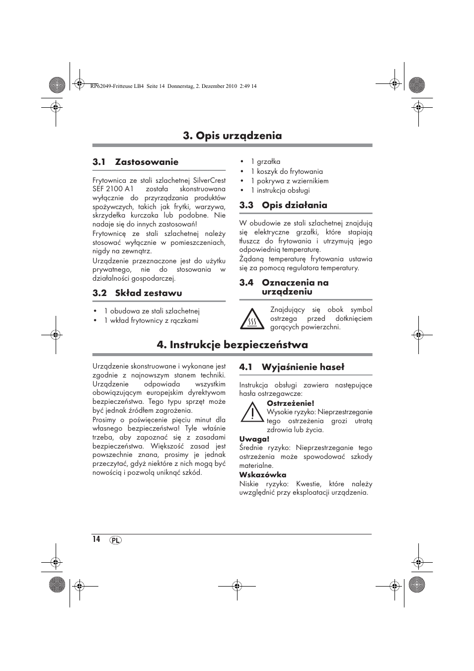 Opis urządzenia, Instrukcje bezpieczeństwa | Silvercrest SEF 2100 A1 User Manual | Page 16 / 86