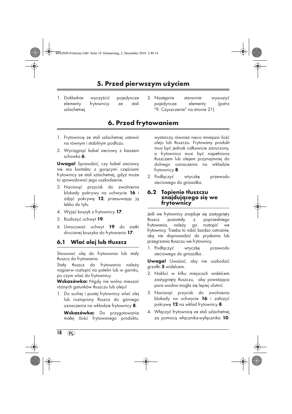 Przed pierwszym użyciem, Przed frytowaniem | Silvercrest SEF 2100 A1 User Manual | Page 20 / 86