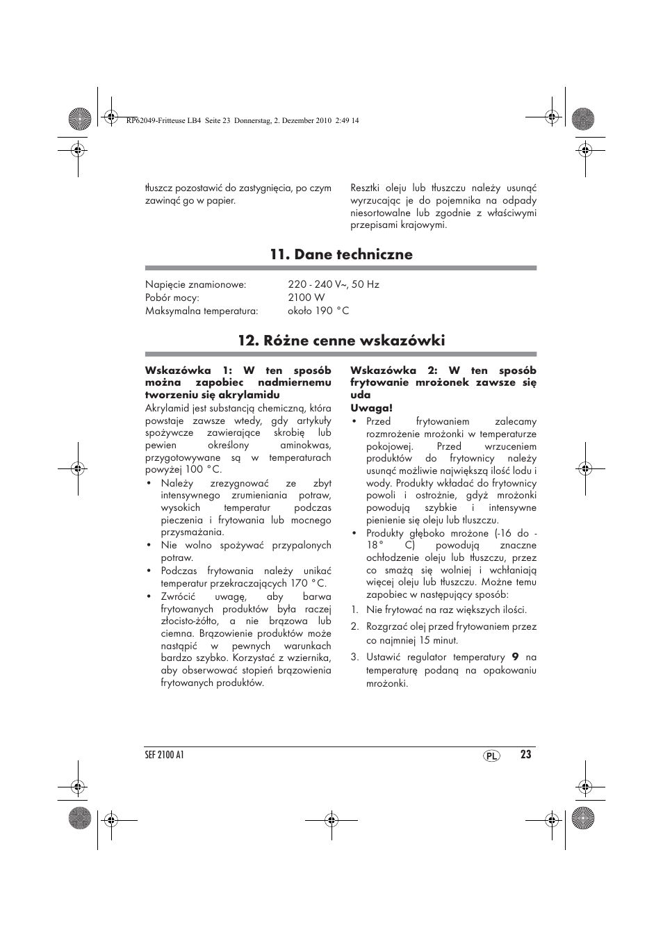 Dane techniczne, Różne cenne wskazówki | Silvercrest SEF 2100 A1 User Manual | Page 25 / 86