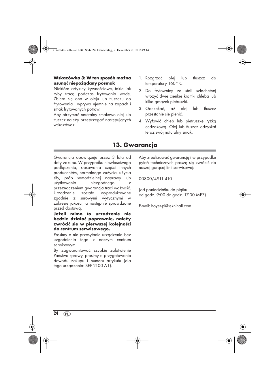 Gwarancja | Silvercrest SEF 2100 A1 User Manual | Page 26 / 86