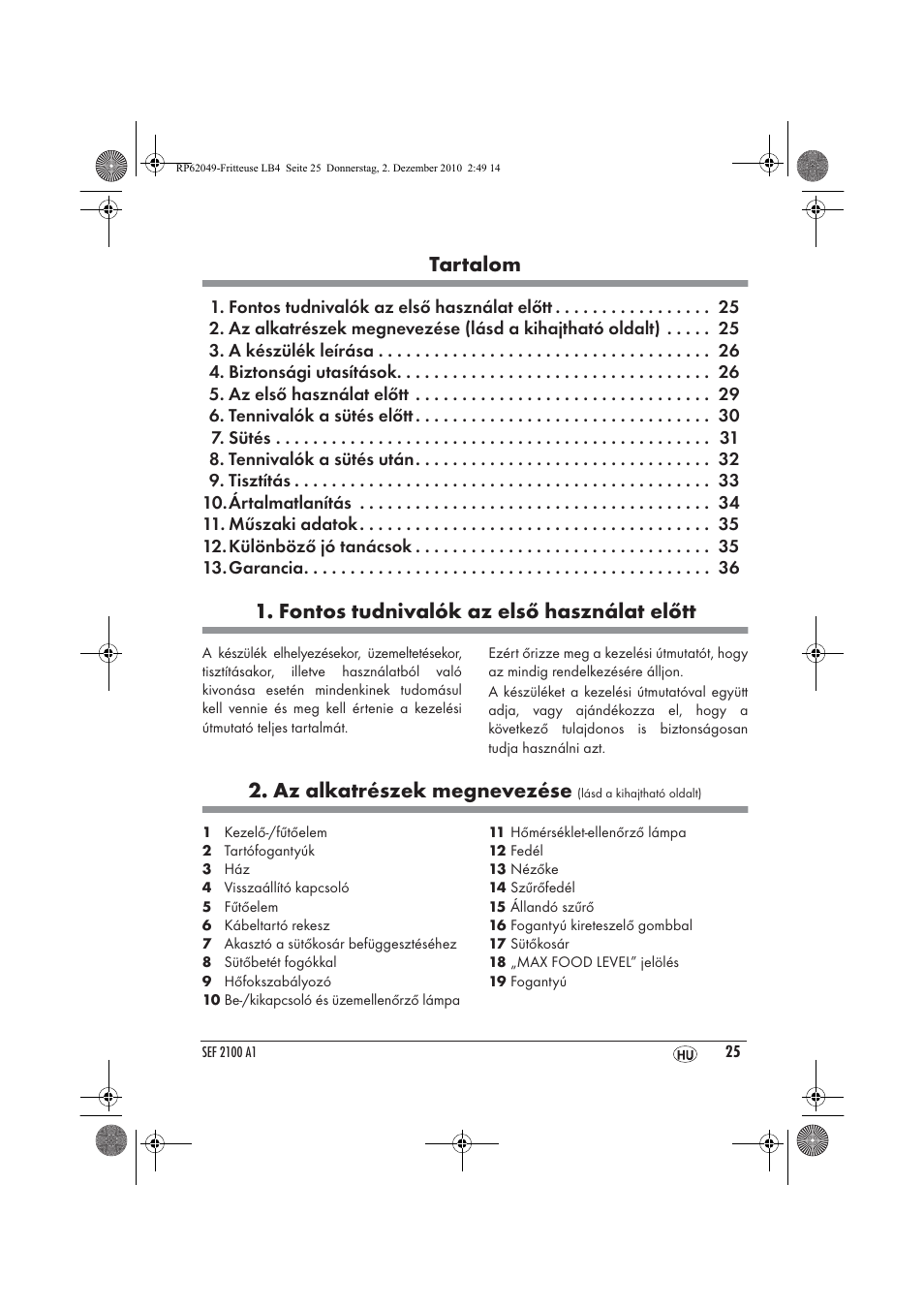 Tartalom, Fontos tudnivalók az első használat előtt, Az alkatrészek megnevezése | Silvercrest SEF 2100 A1 User Manual | Page 27 / 86