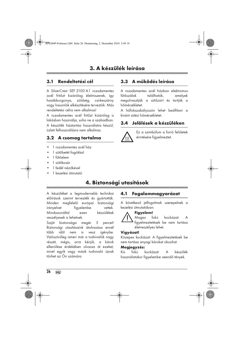 A készülék leírása, Biztonsági utasítások | Silvercrest SEF 2100 A1 User Manual | Page 28 / 86