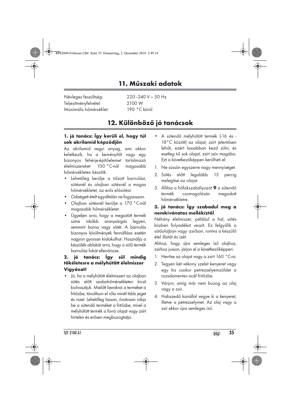 Műszaki adatok, Különböző jó tanácsok | Silvercrest SEF 2100 A1 User Manual | Page 37 / 86