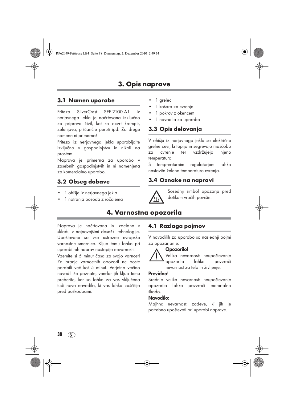 Opis naprave, Varnostna opozorila | Silvercrest SEF 2100 A1 User Manual | Page 40 / 86