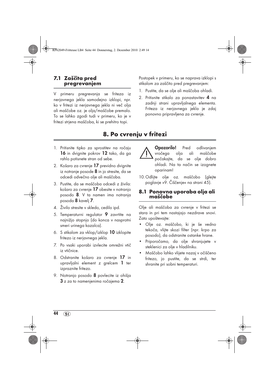 Po cvrenju v fritezi | Silvercrest SEF 2100 A1 User Manual | Page 46 / 86